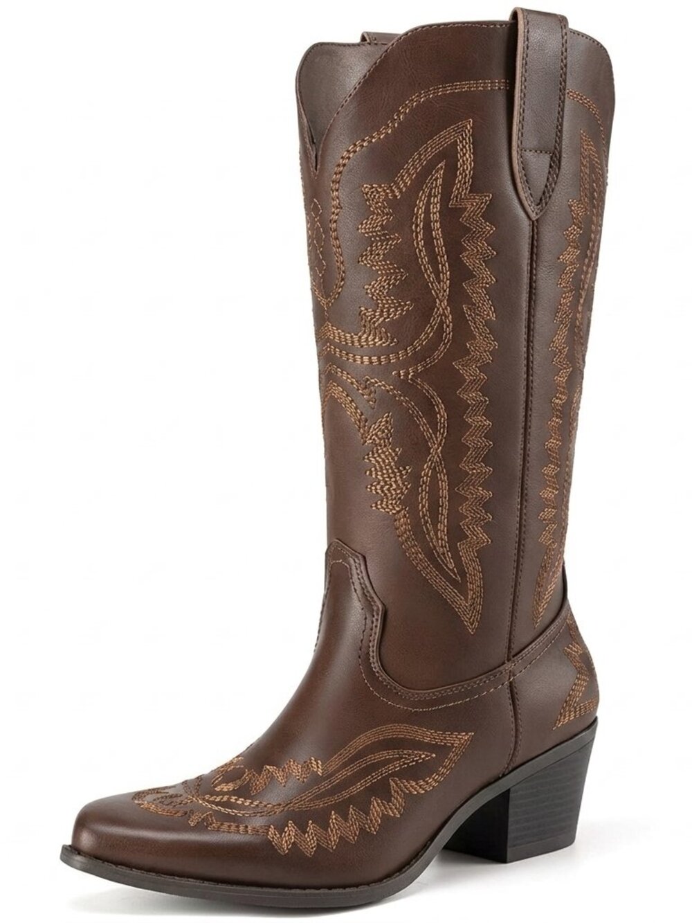Women's Brown Cowgirl Square Toe boots Embroidery Chunky Heel Mid-Calf Boots